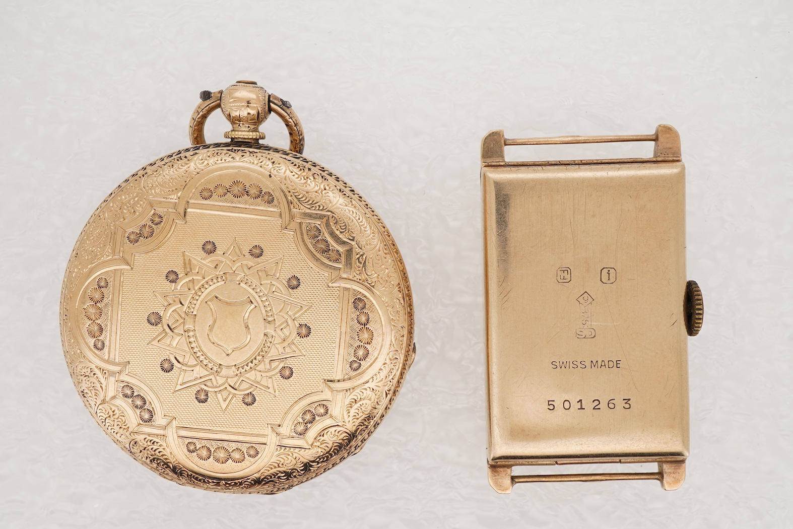 A 1930's Swiss 9ct gold rectangular cased jump hour digital manual wind wrist watch, case diameter 21mm, no strap, together with a continental engraved 14k gold open face keywind fob watch, with Roman dial, case diameter